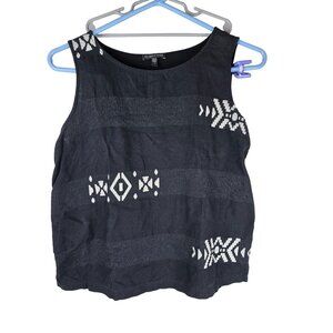 EILEEN FISHER Tank Top S Large Cotton Jacquard Scoop Neck Sleeveless Black White